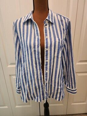 J. Crew Guaze Cotton Blue and White Striped Button-Up Shirt Large